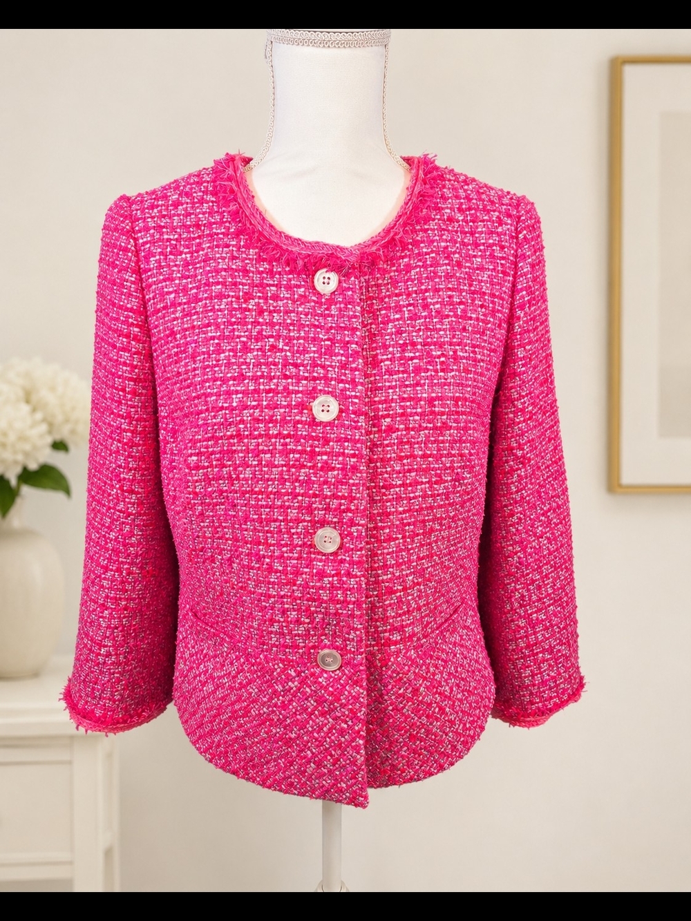 Talbots Hot Pink Bouclé Jacket with White Straight-Leg Pants NWOT - Picture 2 of 7